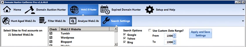 web 2-0 hunter search settings