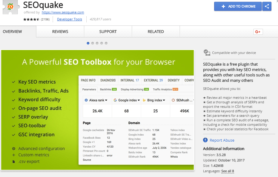 Add SEOquake to your chrome